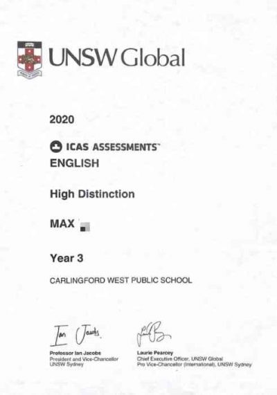ICAS English results certificate