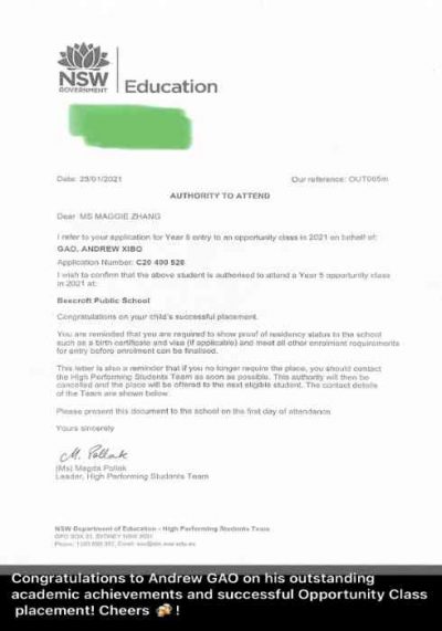 Opportunity class 2021 placement letter