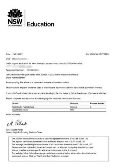 Opportunity class 2022 placement letter
