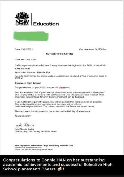 Selective high school 2021 placement letter