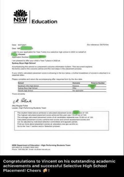 Selective high school 2021 placement letter