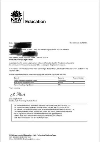 Selective high school 2021 placement letter
